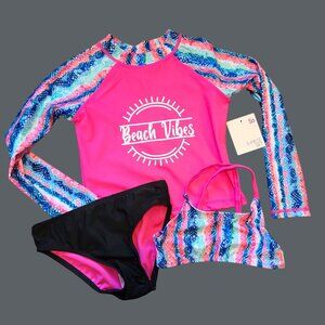 Girls Swim Bikini and Rashguard Top Pink Tie Dye Size 4/5 Beach Vibes JJ1963